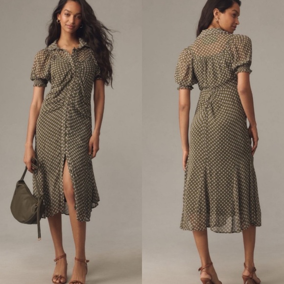 Anthropologie Dresses & Skirts - NWT Anthropologie Puff-Sleeve Ruched Mesh Midi Shirt Dress